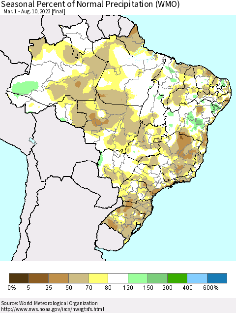 Brazil Seasonal Percent of Normal Precipitation (WMO) Thematic Map For 3/1/2023 - 8/10/2023