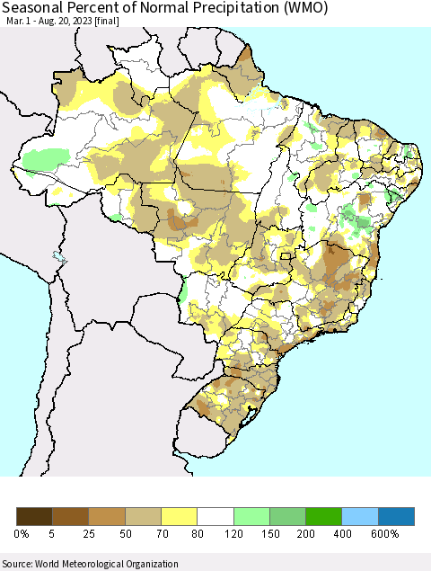 Brazil Seasonal Percent of Normal Precipitation (WMO) Thematic Map For 3/1/2023 - 8/20/2023