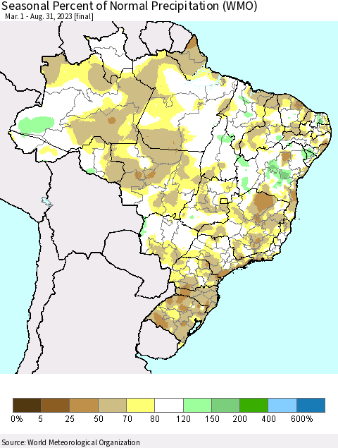 Brazil Seasonal Percent of Normal Precipitation (WMO) Thematic Map For 3/1/2023 - 8/31/2023
