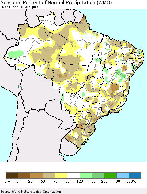 Brazil Seasonal Percent of Normal Precipitation (WMO) Thematic Map For 3/1/2023 - 9/10/2023