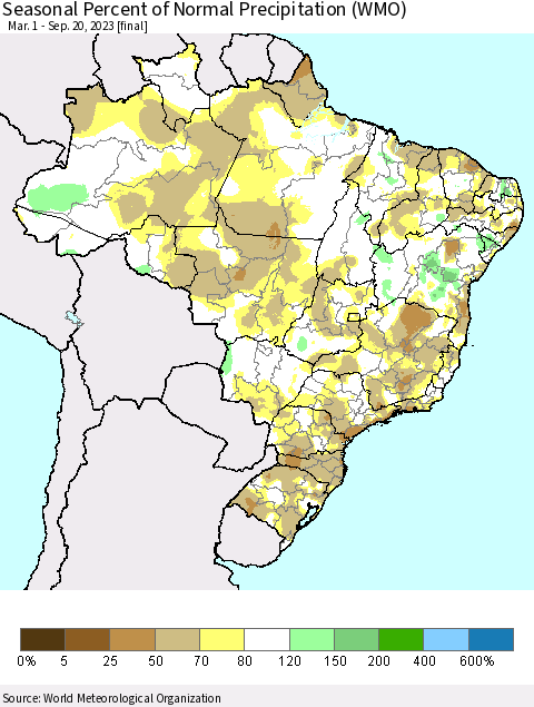Brazil Seasonal Percent of Normal Precipitation (WMO) Thematic Map For 3/1/2023 - 9/20/2023