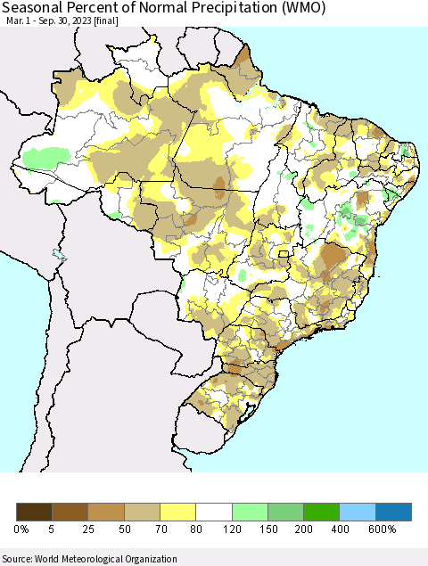 Brazil Seasonal Percent of Normal Precipitation (WMO) Thematic Map For 3/1/2023 - 9/30/2023