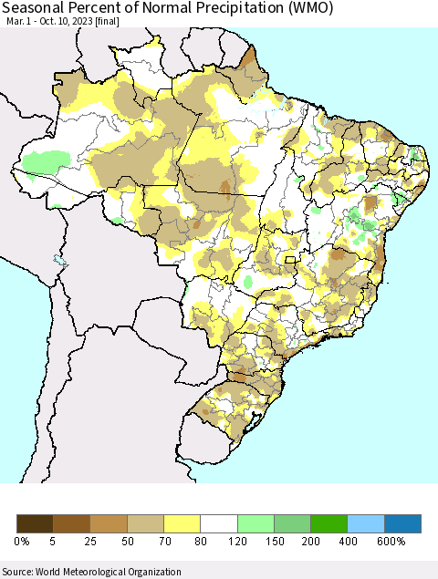 Brazil Seasonal Percent of Normal Precipitation (WMO) Thematic Map For 3/1/2023 - 10/10/2023