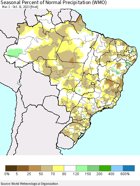 Brazil Seasonal Percent of Normal Precipitation (WMO) Thematic Map For 3/1/2023 - 10/31/2023