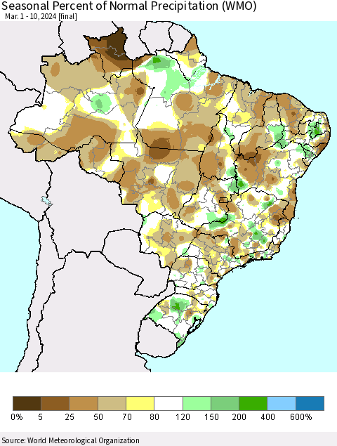 Brazil Seasonal Percent of Normal Precipitation (WMO) Thematic Map For 3/1/2024 - 3/10/2024