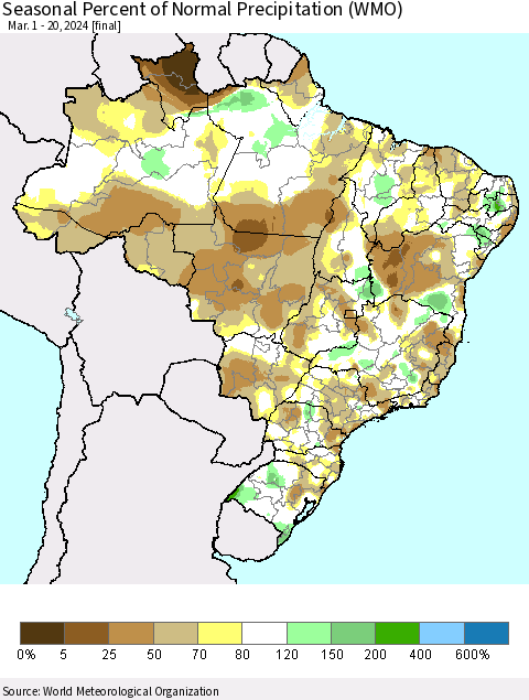 Brazil Seasonal Percent of Normal Precipitation (WMO) Thematic Map For 3/1/2024 - 3/20/2024