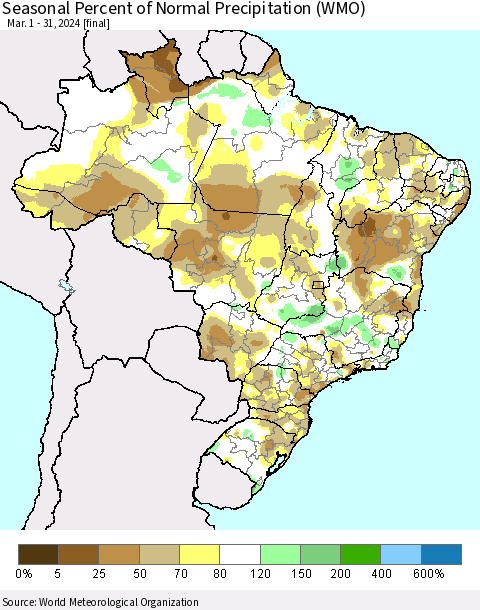 Brazil Seasonal Percent of Normal Precipitation (WMO) Thematic Map For 3/1/2024 - 3/31/2024