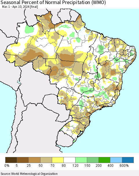 Brazil Seasonal Percent of Normal Precipitation (WMO) Thematic Map For 3/1/2024 - 4/10/2024