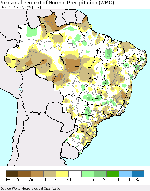 Brazil Seasonal Percent of Normal Precipitation (WMO) Thematic Map For 3/1/2024 - 4/20/2024