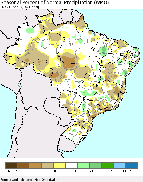 Brazil Seasonal Percent of Normal Precipitation (WMO) Thematic Map For 3/1/2024 - 4/30/2024