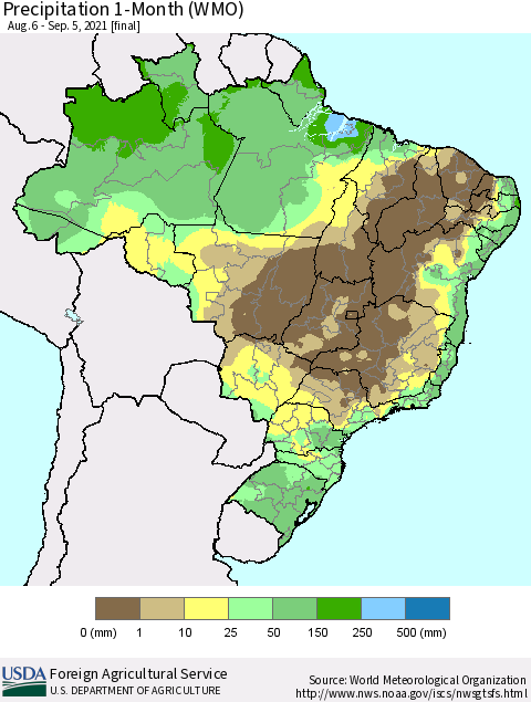 Brazil Precipitation 1-Month (WMO) Thematic Map For 8/6/2021 - 9/5/2021