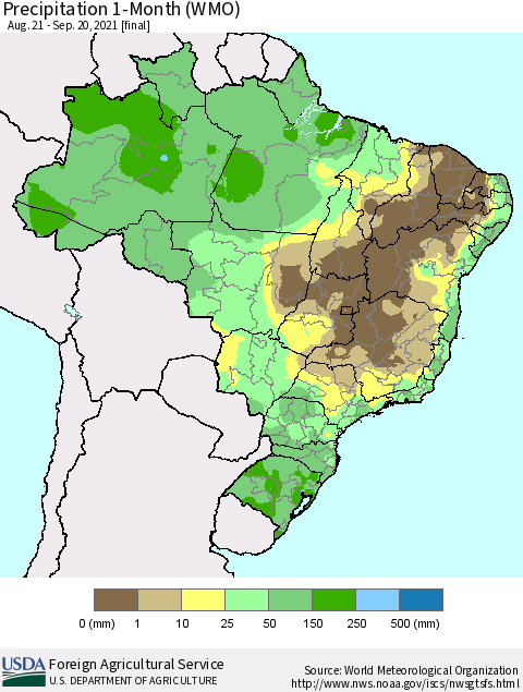 Brazil Precipitation 1-Month (WMO) Thematic Map For 8/21/2021 - 9/20/2021