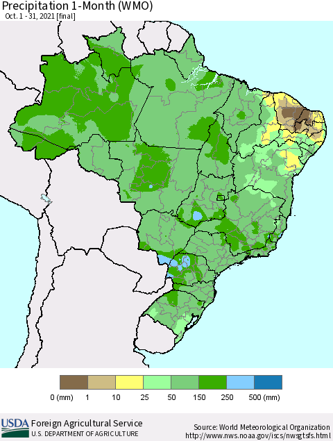 Brazil Precipitation 1-Month (WMO) Thematic Map For 10/1/2021 - 10/31/2021