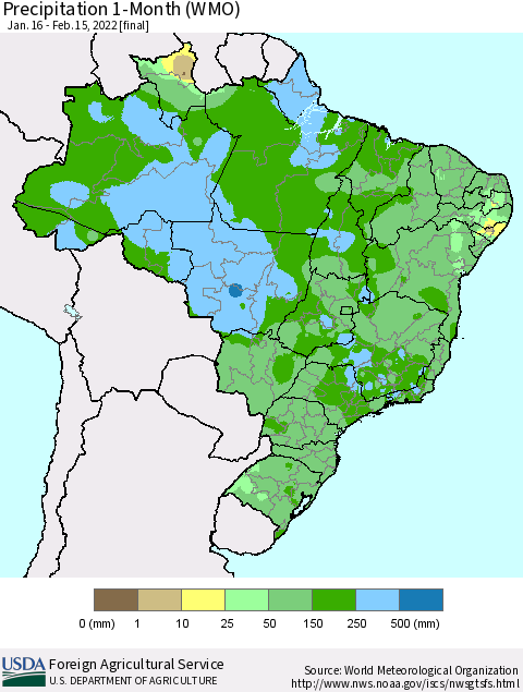 Brazil Precipitation 1-Month (WMO) Thematic Map For 1/16/2022 - 2/15/2022