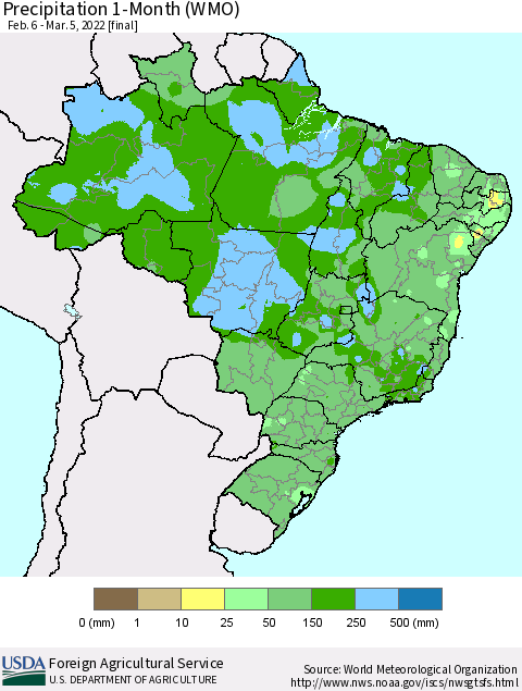 Brazil Precipitation 1-Month (WMO) Thematic Map For 2/6/2022 - 3/5/2022