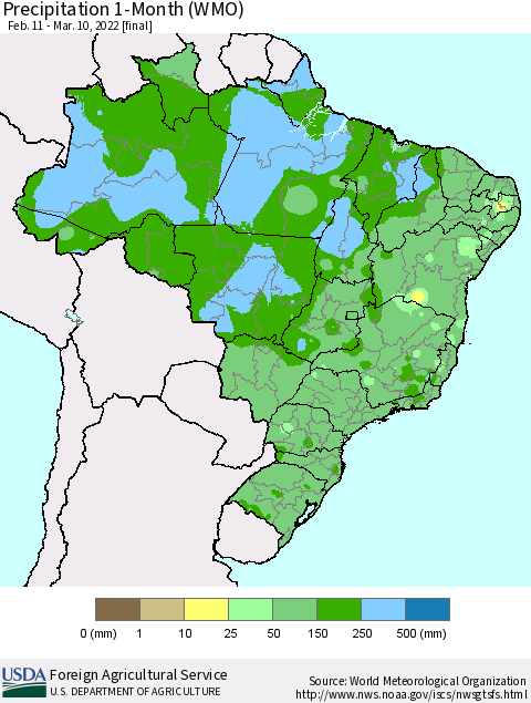 Brazil Precipitation 1-Month (WMO) Thematic Map For 2/11/2022 - 3/10/2022