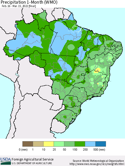 Brazil Precipitation 1-Month (WMO) Thematic Map For 2/16/2022 - 3/15/2022