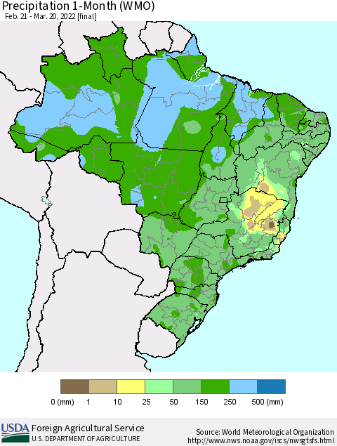 Brazil Precipitation 1-Month (WMO) Thematic Map For 2/21/2022 - 3/20/2022