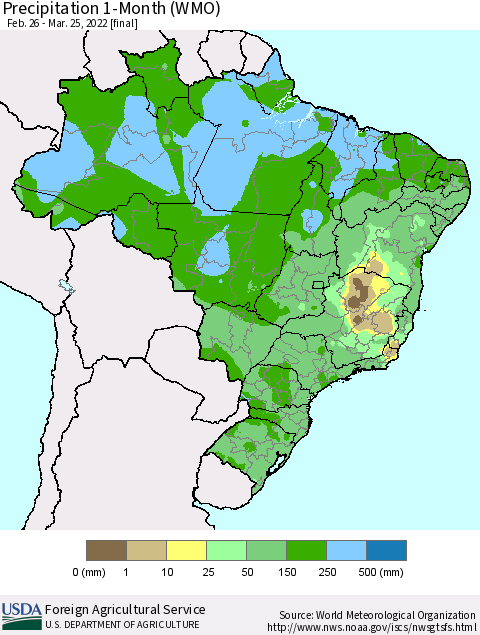 Brazil Precipitation 1-Month (WMO) Thematic Map For 2/26/2022 - 3/25/2022