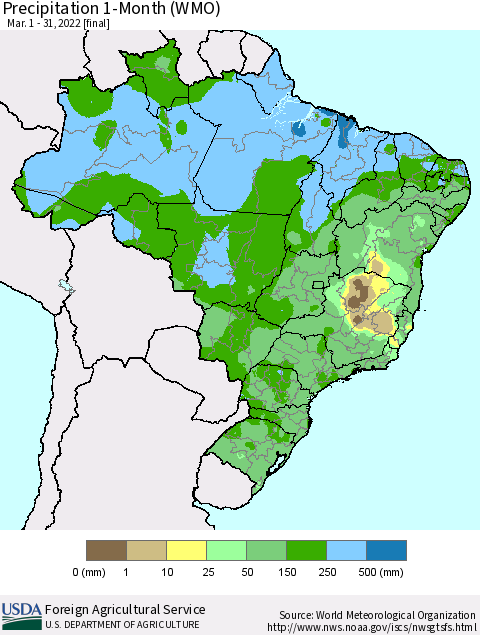 Brazil Precipitation 1-Month (WMO) Thematic Map For 3/1/2022 - 3/31/2022