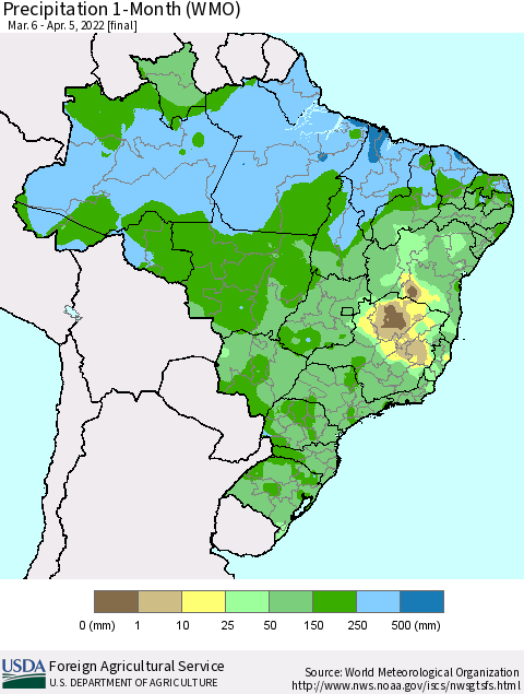 Brazil Precipitation 1-Month (WMO) Thematic Map For 3/6/2022 - 4/5/2022