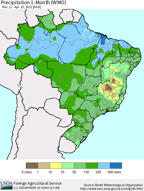Brazil Precipitation 1-Month (WMO) Thematic Map For 3/11/2022 - 4/10/2022