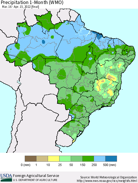 Brazil Precipitation 1-Month (WMO) Thematic Map For 3/16/2022 - 4/15/2022