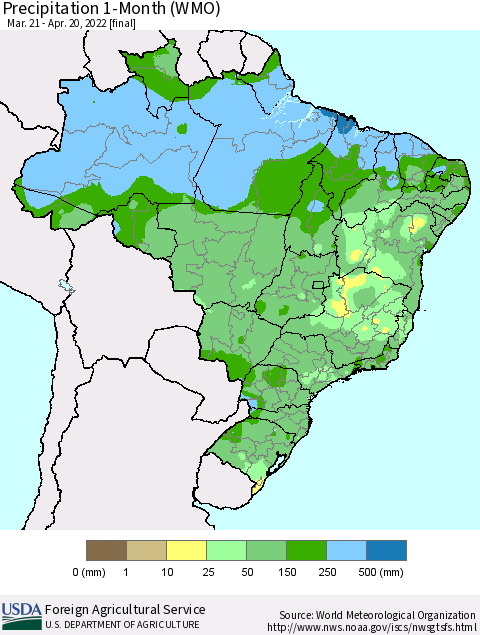 Brazil Precipitation 1-Month (WMO) Thematic Map For 3/21/2022 - 4/20/2022
