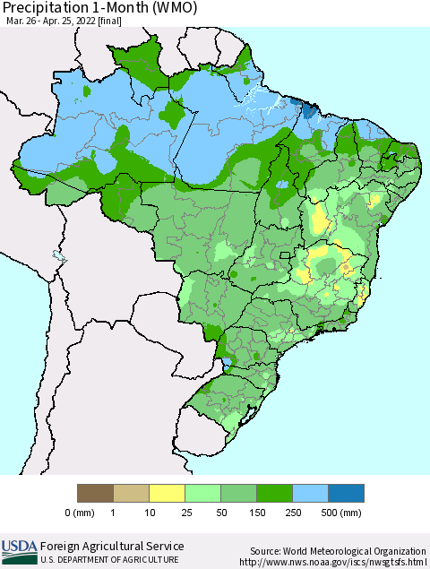 Brazil Precipitation 1-Month (WMO) Thematic Map For 3/26/2022 - 4/25/2022