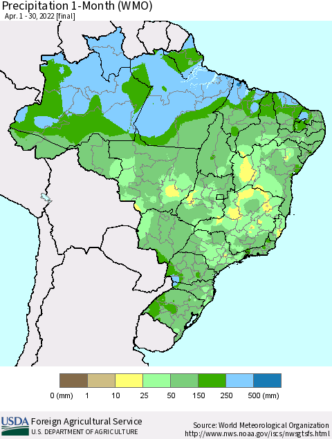 Brazil Precipitation 1-Month (WMO) Thematic Map For 4/1/2022 - 4/30/2022