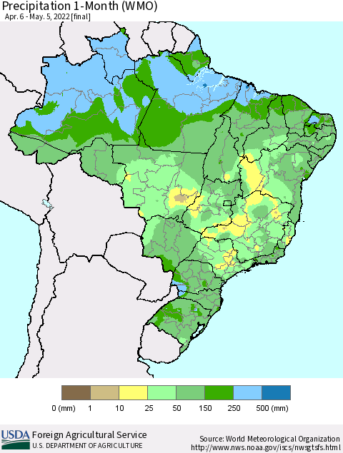 Brazil Precipitation 1-Month (WMO) Thematic Map For 4/6/2022 - 5/5/2022