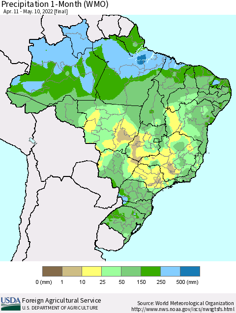 Brazil Precipitation 1-Month (WMO) Thematic Map For 4/11/2022 - 5/10/2022