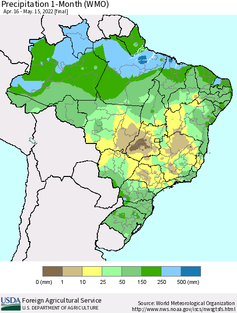 Brazil Precipitation 1-Month (WMO) Thematic Map For 4/16/2022 - 5/15/2022