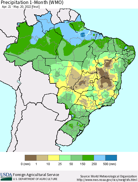 Brazil Precipitation 1-Month (WMO) Thematic Map For 4/21/2022 - 5/20/2022