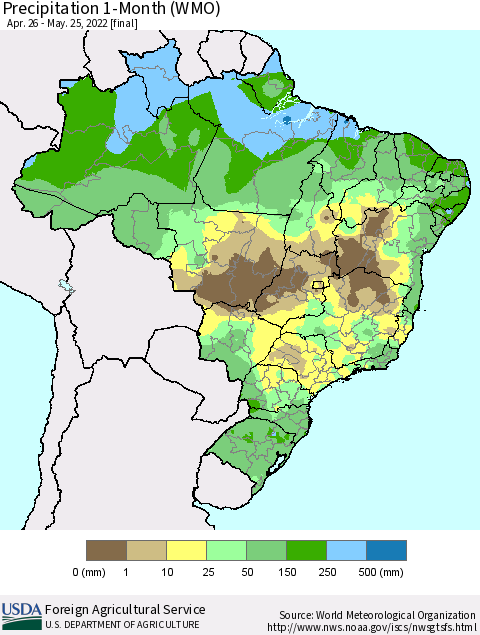 Brazil Precipitation 1-Month (WMO) Thematic Map For 4/26/2022 - 5/25/2022