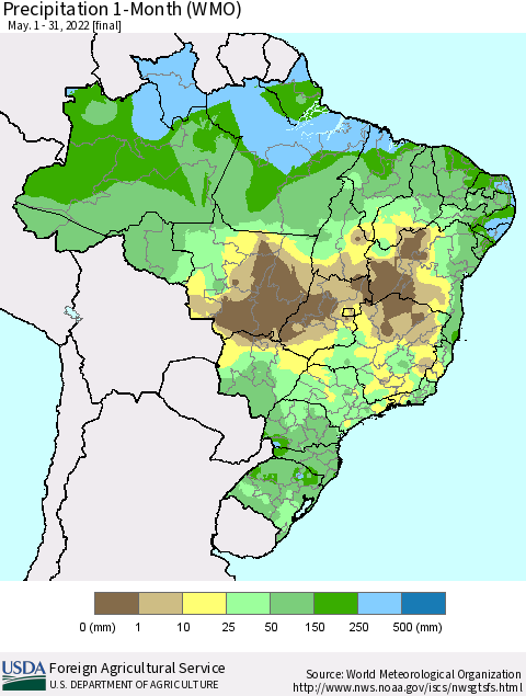 Brazil Precipitation 1-Month (WMO) Thematic Map For 5/1/2022 - 5/31/2022