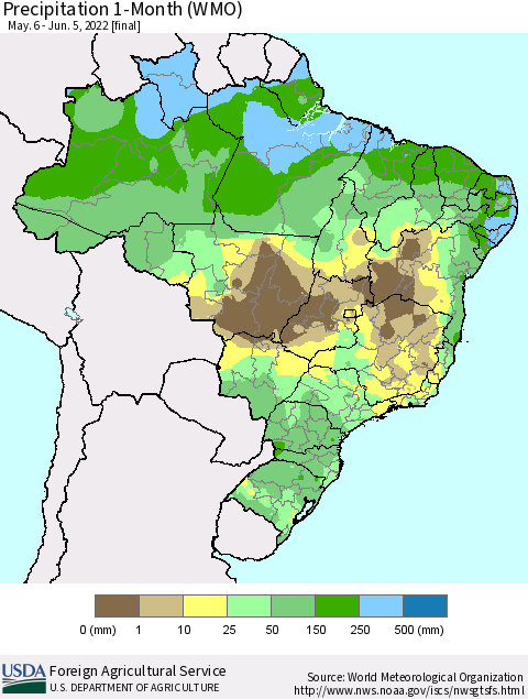 Brazil Precipitation 1-Month (WMO) Thematic Map For 5/6/2022 - 6/5/2022