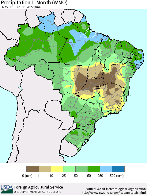 Brazil Precipitation 1-Month (WMO) Thematic Map For 5/11/2022 - 6/10/2022