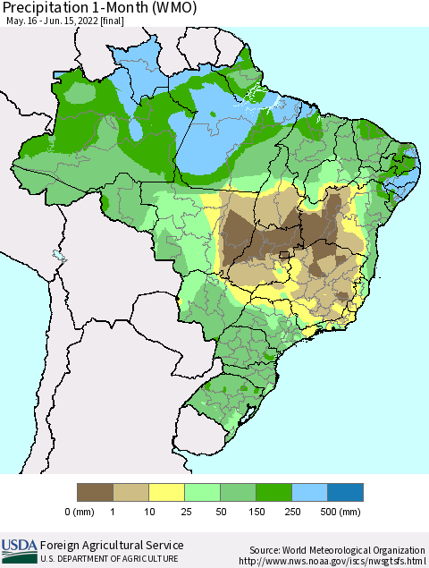 Brazil Precipitation 1-Month (WMO) Thematic Map For 5/16/2022 - 6/15/2022