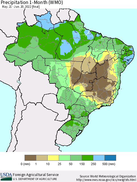 Brazil Precipitation 1-Month (WMO) Thematic Map For 5/21/2022 - 6/20/2022