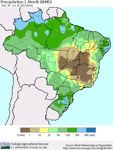 Brazil Precipitation 1-Month (WMO) Thematic Map For 5/26/2022 - 6/25/2022