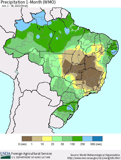 Brazil Precipitation 1-Month (WMO) Thematic Map For 6/1/2022 - 6/30/2022