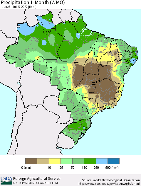 Brazil Precipitation 1-Month (WMO) Thematic Map For 6/6/2022 - 7/5/2022