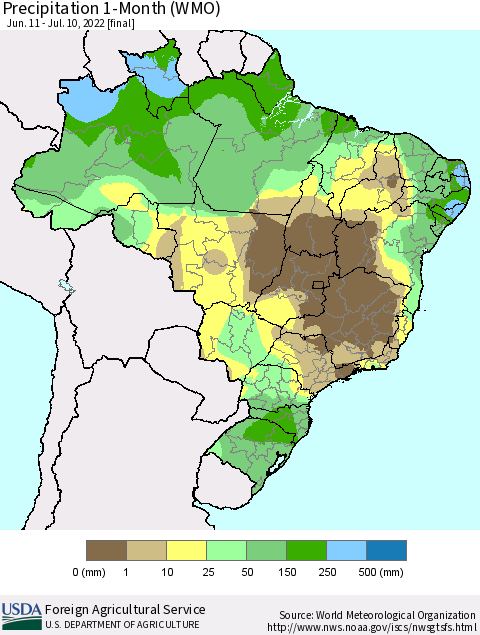 Brazil Precipitation 1-Month (WMO) Thematic Map For 6/11/2022 - 7/10/2022
