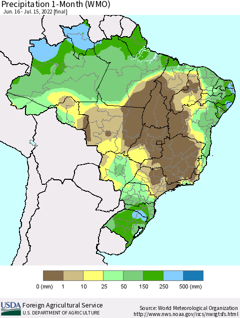 Brazil Precipitation 1-Month (WMO) Thematic Map For 6/16/2022 - 7/15/2022