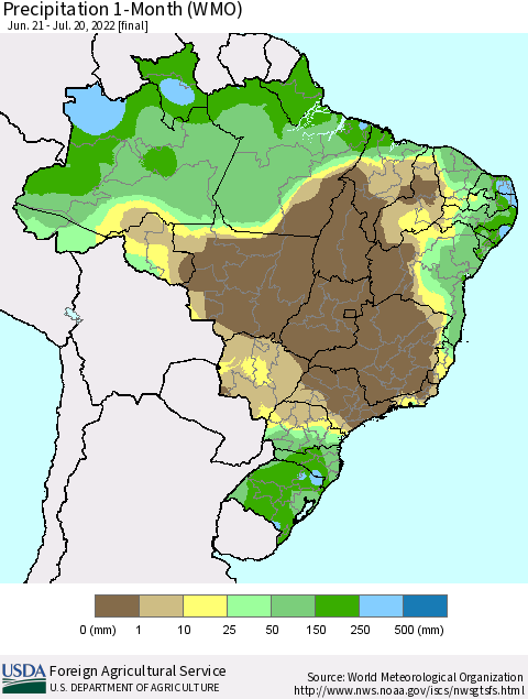 Brazil Precipitation 1-Month (WMO) Thematic Map For 6/21/2022 - 7/20/2022
