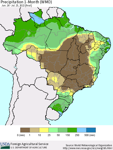 Brazil Precipitation 1-Month (WMO) Thematic Map For 6/26/2022 - 7/25/2022