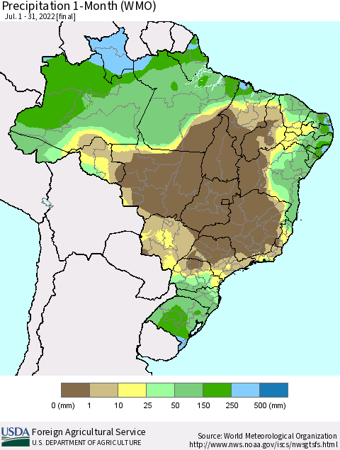 Brazil Precipitation 1-Month (WMO) Thematic Map For 7/1/2022 - 7/31/2022