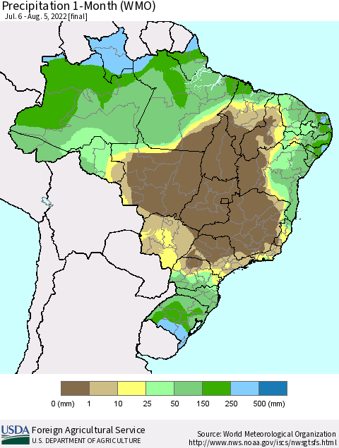 Brazil Precipitation 1-Month (WMO) Thematic Map For 7/6/2022 - 8/5/2022