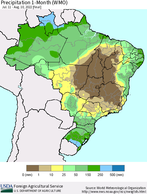 Brazil Precipitation 1-Month (WMO) Thematic Map For 7/11/2022 - 8/10/2022